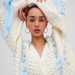 For Love & Lemons Laurel Cardigan Bow Ribbon Accent Sweater S